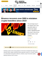 Binance recovers over $8B in mistaken crypto transfers since 2021