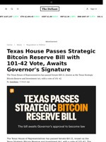 Texas House Passes Strategic Bitcoin Reserve Bill with 101-42 Vote, Awaits Governor's Signature - 