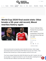 World Cup 2026 final assist stats: Olise breaks a 56-year-old record, Messi rewrites history again