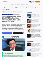 Tom Lee's Bitmine Adds 26,497 ETH, Pushing Treasury to 5.42M Coins Worth $10.85B