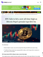 BTC fails to hit a new all-time high as Bitcoin Pepe’s presale tops $10.7m
