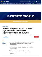 Bitcoin jumps as Trump is set to sign an order that allows cryptocurrencies in 401(k)s
