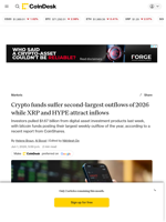 Crypto funds suffer second-largest outflows of 2026 while XRP and HYPE attract inflows