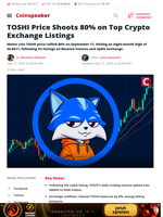 TOSHI Price Shoots 80% on Top Crypto Exchange Listings - Coinspeaker