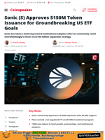 Sonic Approves $150M Token Issuance for US ETF