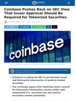 Coinbase Pushes Back on SEC View That Issuer Approval Should Be Required for Tokenized Securities