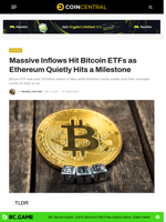 Massive Inflows Hit Bitcoin ETFs as Ethereum Quietly Hits a Milestone - CoinCentral