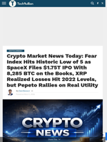 Crypto Market News Today: Fear Index Hits Historic Low of 5 as SpaceX Files $1.75T IPO With 8,285 BTC on the Books, XRP Realized Losses Hit 2022 Levels, but Pepeto Rallies on Real Utility - TechBullion