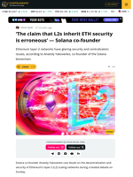 L2s Are And Not Backed By Ethereum's Base Layer Security: Solana founder