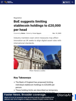BoE suggests limiting stablecoin holdings to £20,000 per head