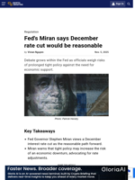 Fed's Miran says December rate cut would be reasonable