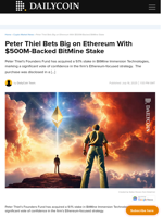 Peter Thiel Bets Big on Ethereum With $500M-Backed BitMine Stake - DailyCoin