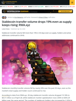 Stablecoin Transfer Volume Drops 19% as Supply Rises