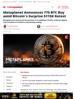 Metaplanet Buys 775 BTC as Bitcoin Retests $115K