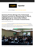 Gamma Prime Brings the Tokenized Capital Summit to Hong Kong on Feb 9, Highlighting Its Tokenized Global Marketplace for Private Investments