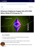 Ethereum Stablecoin Supply Hits ATH $180 Billion While ETH Drops by 9%