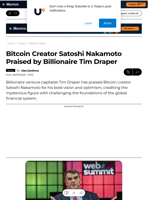 Bitcoin Creator Satoshi Nakamoto Praised by Billionaire Tim Draper - U.Today