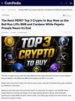 The Next PEPE? Top 3 Crypto to Buy Now as the Bull Run Lifts BNB and Cardano While Pepeto Presale Nears Its End