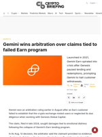 Gemini wins arbitration over claims tied to failed Earn program