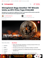Metaplanet Acquires 797 Bitcoin as BTC Tops $122K
