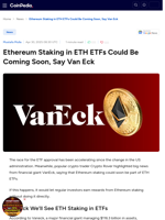 Ethereum Staking in ETH ETFs Could Be Coming Soon, Say Van Eck