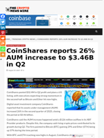 CoinShares reports 26% AUM increase to $3.46B in Q2 - The Crypto News Wire