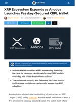 XRP Ecosystem Expands as Anodos Launches Passkey-Secured XRPL Wallet