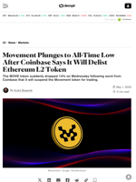 Movement Plunges to All-Time Low After Coinbase Says It Will Delist Ethereum L2 Token - Decrypt