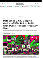 TON Sinks 7.6% Despite Verb’s $558M Bid to Build First Public Toncoin Treasury Firm - 