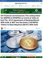 UK Financial Ltd Announces The Listing Dates for WMPRA & RPMPRA on Cat.Ex & Votes to End The  2019 Agreement of Backing Bitcoin With Gold, & Will  Use the Entire 21M MPRA Tokens to Back MayaCat (MCAT) With Gold