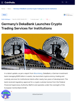 Germany's DekaBank Launches Crypto Trading Services for Institutions