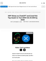XRP Shines as ChatGPT and Grok Pick Top Assets to Turn $100 Into $1,000 by 2026