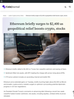 Ethereum briefly surges to $2,400 as geopolitical relief boosts crypto, stocks - CoinJournal