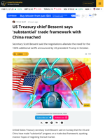 US Treasury's Bessent Signals US-China Trade War May Be Nearing The End