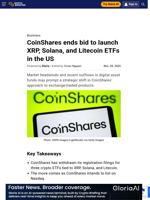 CoinShares ends bid to launch XRP, Solana, and Litecoin ETFs in the US