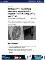 SEC approves new listing standards paving way for crypto ETFs on Nasdaq, Cboe, and NYSE