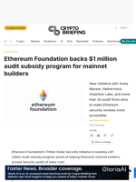 Ethereum Foundation backs $1 million audit subsidy program for mainnet builders