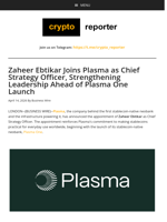 Zaheer Ebtikar Joins Plasma as Chief Strategy Officer, Strengthening Leadership Ahead of Plasma One Launch