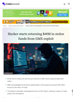 Hacker starts returning $40M in stolen funds from GMX exploit - CoinJournal