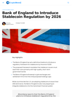Bank of England to Introduce Stablecoin Regulation by 2026