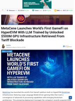 MetaCene Launches World's First GameFi on HyperEVM With LLM Trained by Unlocked $500M GPU Infrastructure Retrieved From Tariff Blockade