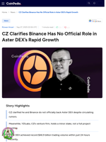 CZ Clarifies Binance Has No Official Role in Aster DEX’s Rapid Growth