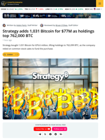 Strategy Buys 1,031 Bitcoin Using MSTR Stock Sales