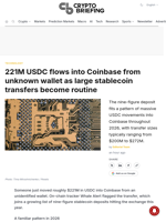 221M USDC flows into Coinbase from unknown wallet as large stablecoin transfers become routine