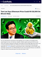 Tom Lee Says Ethereum Price Could Hit $6,000 On Bitcoin Rally