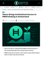 Valour Brings Institutional Access to HBAR Staking in Switzerland - Crypto News Flash