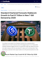 Standard Chartered Forecasts Stablecoin Growth to Fuel $1 Trillion in New T-Bill Demand by 2028