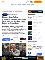 Bitcoin Slips Below $90,000; Andrew Tate Asks Why Saylor's $1B Purchase Failed to Boost Price – Markets and Prices Bitcoin News