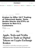 Kraken to Offer 24/7 Trading of Tokenized Apple, Tesla, Nvidia Stocks and ETFs on Solana to Non-U.S. Customers - 