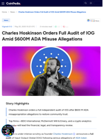 Charles Hoskinson Orders Full Audit of IOG Amid $600M ADA Misuse Allegations